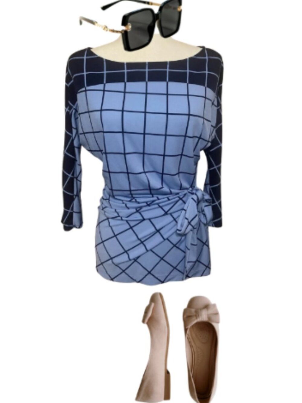 New York & Company women's S windowpane waist tie 3/4 sleeve blouse EUC